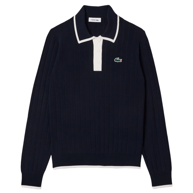 Lacoste Collar Stretch Sweater Longsleeve Golf Polo Navy Blue/White – SS25 Women
