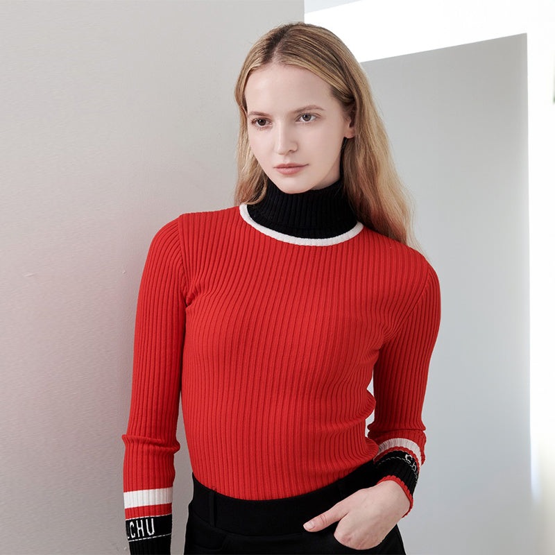 Chucuchu Women High-Neck Ribbed Knit Top