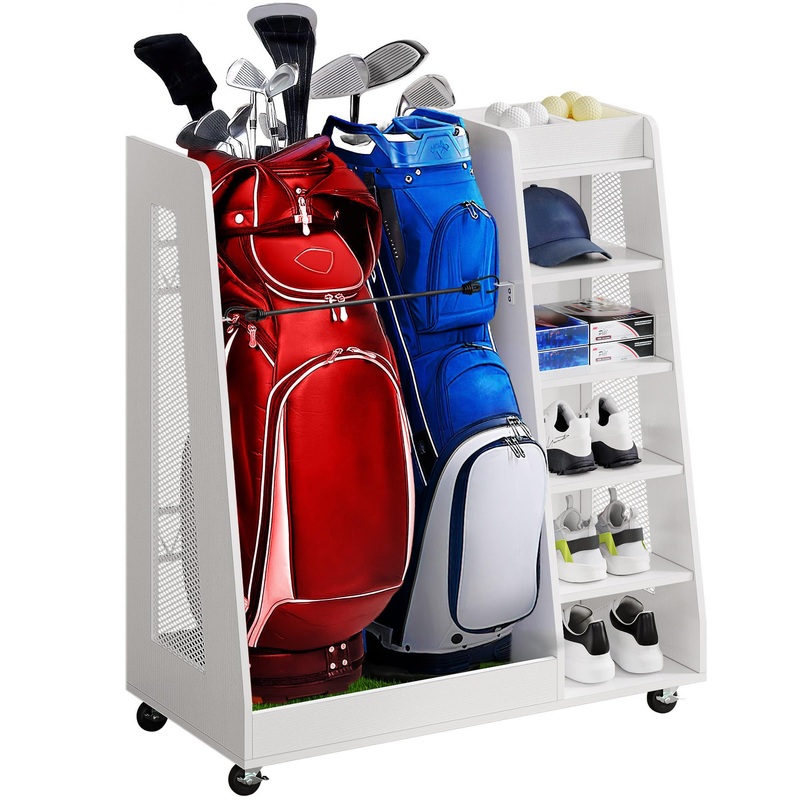 DWVO Golf Bag Organizer for Garage, Wooden Golf Bag Stand Holder with Wheels