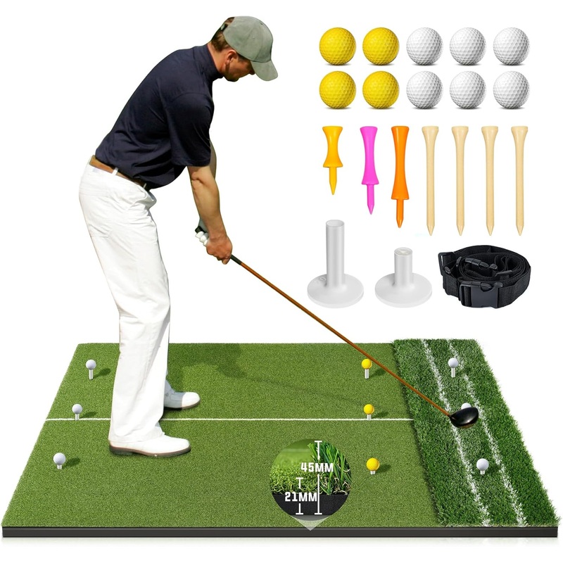Dual Turf Golf Mat –  5 x 4 ft Hitting Mat with Alignment Lines, 9 Tees & Balls Accessories for Swing, Chipping, Putting