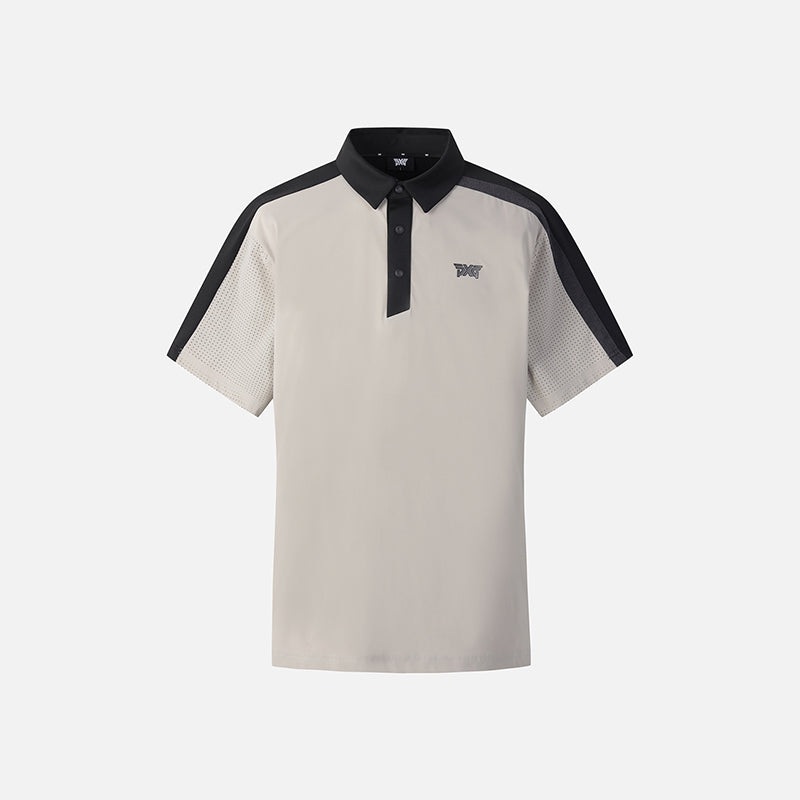 PXG KOREA MEN SUMMER COLOR BLOCKED PERFORATED COLLAR T-SHIRT