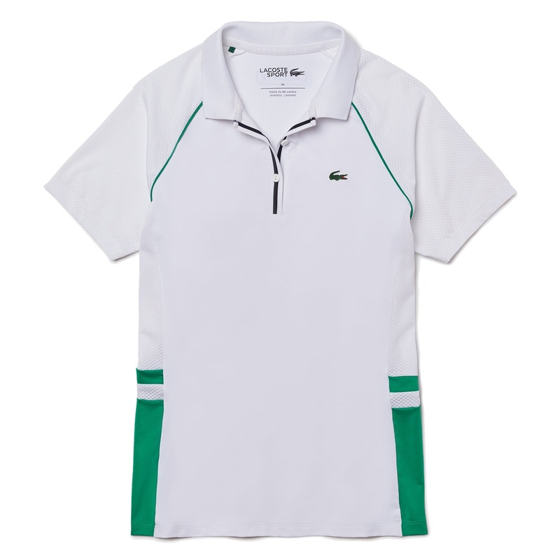 Lacoste Sport Bimaterial Breathable Stretch Tennis Golf Polo White/Palm Green/Navy Blue – 21 Women