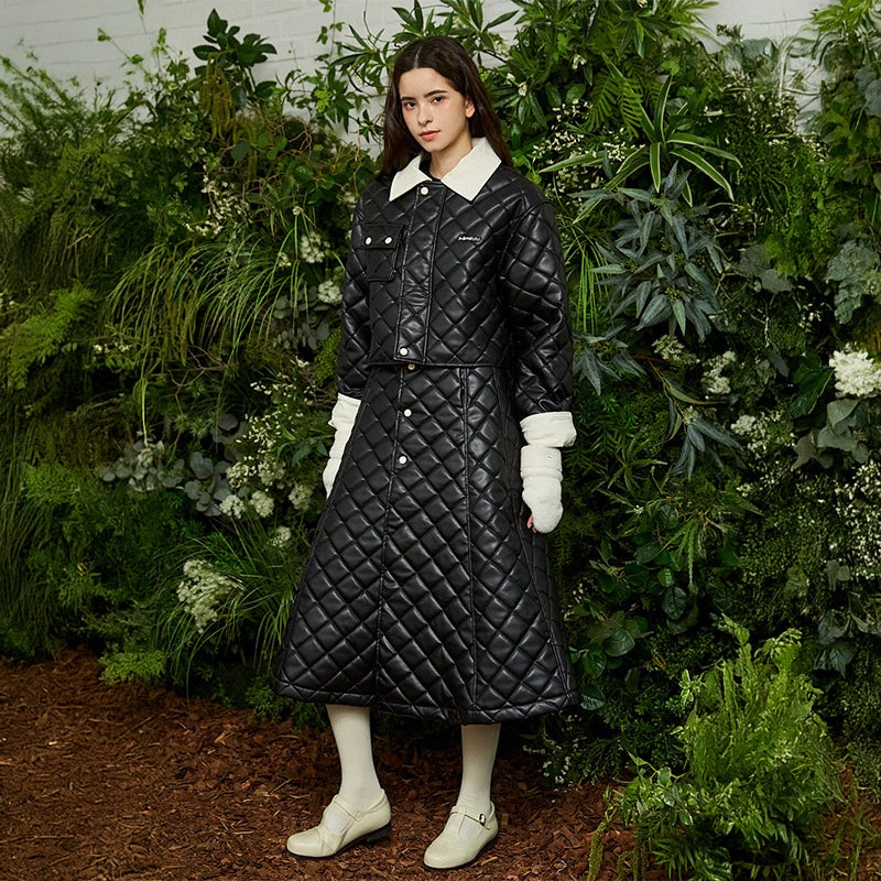 Kandini 2024FW Eco-leather Quilting Padded Long(Wrap) Skirt