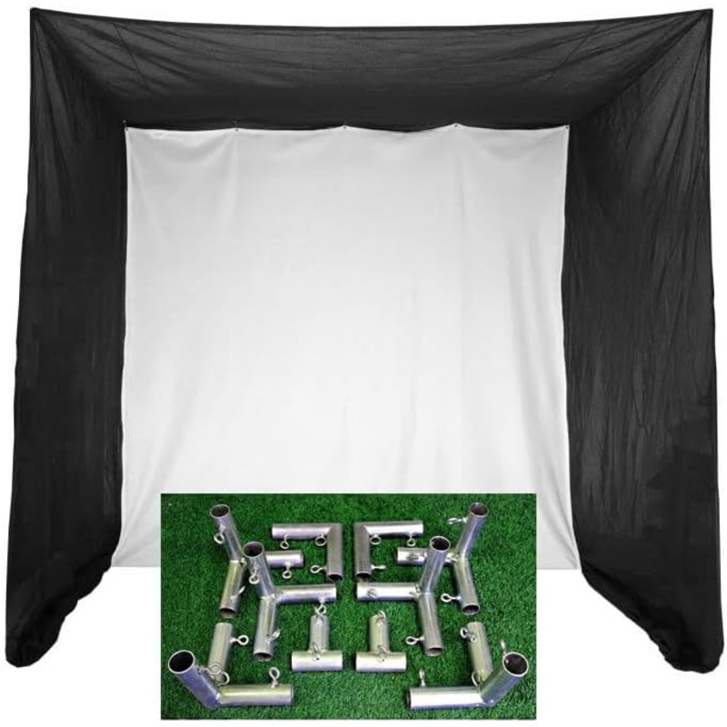 Cimarron Sports Tour Simulator Golf Practice Hitting Net Enclosure with 10′ x 10′ White Simulator Ready Projection Impact Screen and 5′ x 10′ x 10′ DIY Golf Frame Corner Kit